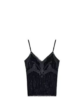 Zara ZW Collection Black Lace Trim Velvet Cami Top